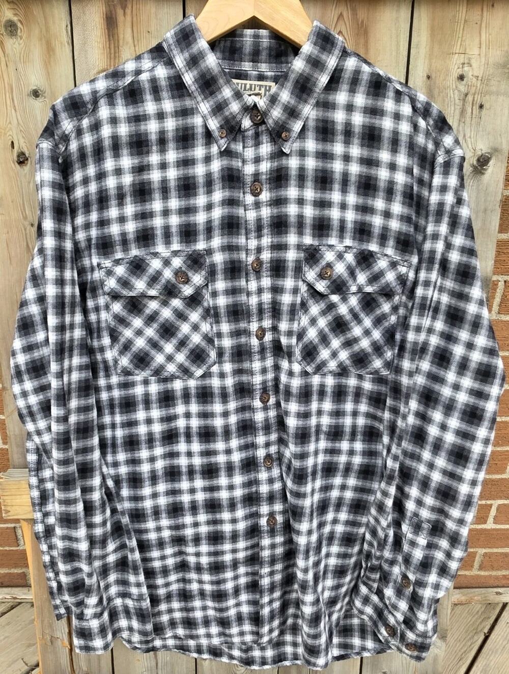 Duluth Trading Co Men's Long Sleeve Button Flannel Size XL Tall Black Gray White